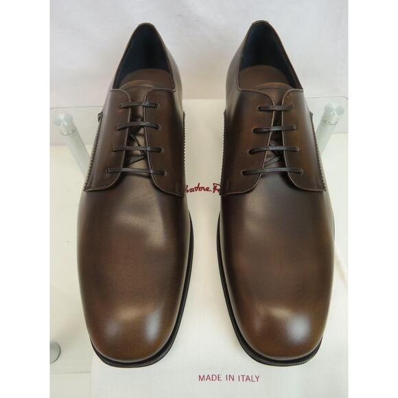 NIB FERRAGAMO DANIEL BURNISHED BROWN BROGUE LEATHER LACE UP DERBY OXFORDS 11 E